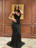 Sexy Mermaid Sweetheart Neck Sequin Slit Black Long Prom Dresses Party Dress HZ1023