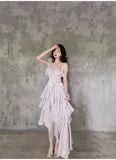 Pretty Irregular Ruffle Spaghetti Straps Light Purple Prom Dresses With Flower Long Birthday Dress HZ1023