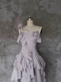 Pretty Irregular Ruffle Spaghetti Straps Light Purple Prom Dresses With Flower Long Birthday Dress HZ1023