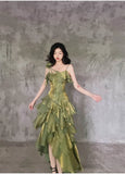 Pretty Irregular Ruffle Spaghetti Straps Green Prom Dresses With Flower Long Birthday Dress HZ1023