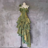 Pretty Irregular Ruffle Spaghetti Straps Green Prom Dresses With Flower Long Birthday Dress HZ1023