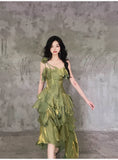 Pretty Irregular Ruffle Spaghetti Straps Green Prom Dresses With Flower Long Birthday Dress HZ1023