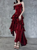Pretty Irregular Ruffle Spaghetti Straps Burgundy Prom Dresses With Flower Long Birthday Dress HZ1023