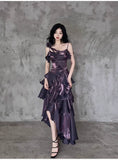 Pretty Irregular Ruffle Spaghetti Straps Grape Prom Dresses With Flower Long Birthday Dress HZ1023
