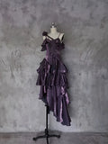 Pretty Irregular Ruffle Spaghetti Straps Grape Prom Dresses With Flower Long Birthday Dress HZ1023