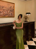 Classy Mermaid Straps Green Satin Long Evening Dresses Birthday Outfits HZ1023