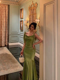 Classy Mermaid Straps Green Satin Long Evening Dresses Birthday Outfits HZ1023