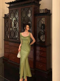 Classy Mermaid Straps Green Satin Long Evening Dresses Birthday Outfits HZ1023