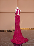 Barbie Pink Mermaid Halter Sequin Open Back Long Prom Dress Party Dress HZ1023