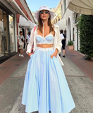 Two Piece A Line Spaghetti Strap Lace Blue Satin Long Evening Dress Outfits HZ1023