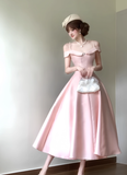 Princess Pink A Line Off the Shoulder Satin Long Party Dress Evening Dress HZ1023