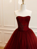 Burgundy Strapless Sleeveless Beading Tulle Prom Dress HZ1023