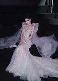 Rhinestone Exquisite Mermaid Spaghetti Strap Beaded Tulle Prom Dress Wedding Dress with Bow HZ1023