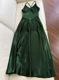 Stunning Green A Line Halter Satin Prom Dress Vacation Dress Wedding Guest Dress HZ1023