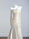 Ivory White Mermaid Spaghetti Straps Pleated Satin Long Prom Dress Party Dress HZ1023