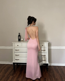 Simple Mermaid Spaghetti Strap Pink Satin Backless Party Dress Evening Dress HZ1023