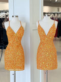 Open Back Short Orange V Neck Formal Homecoming Dresses Hoco Dresses HZ1023