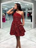One Shoulder Short Wine Red Formal Homecoming Dresses HZ1023