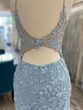 V Neck Blue Lace Short Graduation Homecoming Dresses HZ1023