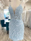 V Neck Blue Lace Short Graduation Homecoming Dresses HZ1023