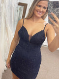 Navy Blue Lace Tight Graduation Dress Lace Homecoming Dresses HZ1023