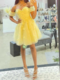 Off the Shoulder Short Yellow Floral Lace Homecoming Dresses HZ1023
