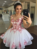 Short White Pink Lace Floral Homecoming Dresses HZ1023