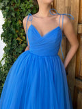 A Line V Neck Blue Tulle Tea Length Homecoming Dresses HZ1023