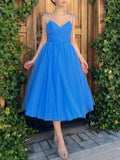 A Line V Neck Blue Tulle Tea Length Homecoming Dresses HZ1023