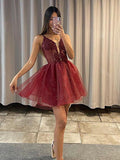 Wine Red Short Lace Graduation Homecoming Dresses HZ1023