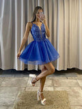 Short Royal Blue Lace Graduation Homecoming Dresses HZ1023