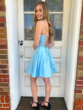 Open Back Short Blue Formal Homecoming Dresses HZ1023