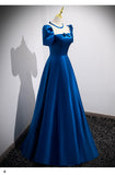 A line Square Neckline Short Sleeves Long Royal Blue Prom Dresses HZ1023