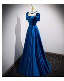 A line Square Neckline Short Sleeves Long Royal Blue Prom Dresses HZ1023