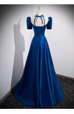 A line Square Neckline Short Sleeves Long Royal Blue Prom Dresses HZ1023