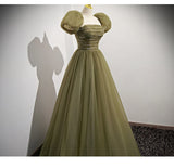 Ball Gown Short Sleeves Long Tulle Sage Green Prom Dresses HZ1023