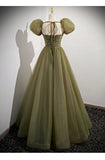 Ball Gown Short Sleeves Long Tulle Sage Green Prom Dresses HZ1023