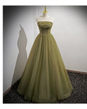 Ball Gown Short Sleeves Long Tulle Sage Green Prom Dresses HZ1023