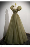 Ball Gown Short Sleeves Long Tulle Sage Green Prom Dresses HZ1023