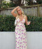 Simple A Line V Neck Print Floral Chiffon Prom Dress Evening Dress HZ1023