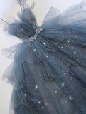 Gorgeous Blue Sparkly Tulle Beaded Prom Dress, Tiered Formal Gown with Rhinestone HZ1023