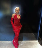 Elegant Mermaid Sequin Red Floor Length Black Girl Prom Dresses HZ1023