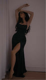 Elegant Sheath Floor Length Black Prom Dresses with Slit HZ1023