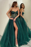 Green Long Prom Dress A Line Tulle Sweetheart Formal Evening Dress HZ1023