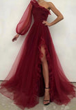 Burgundy tulle prom dress one shoulder evening dress HZ1023