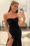 Sequin Strapless Mermaid Long Black Slit Prom Dress HZ1023