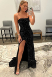Sequin Strapless Mermaid Long Black Slit Prom Dress HZ1023