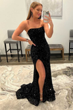Sequin Strapless Mermaid Long Black Slit Prom Dress HZ1023