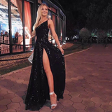 Glitter One Shoulder Front Split Long Black A-line Evening Dress Prom Dresses HZ1023