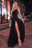 Glitter One Shoulder Front Split Long Black A-line Evening Dress Prom Dresses HZ1023